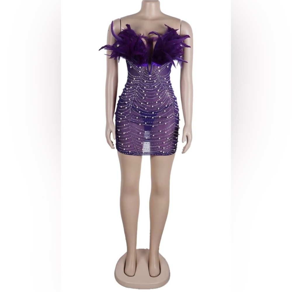 Mojessy Dresses for Women Sexy See Through Feather Rhinestone Bodycon Mini  NWOT